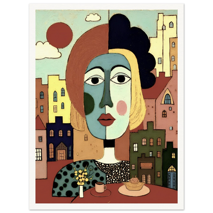 A cubist portrait of a woman at a café table with coffee and pastry, set against a pastel-colored cityscape and warm red sun.