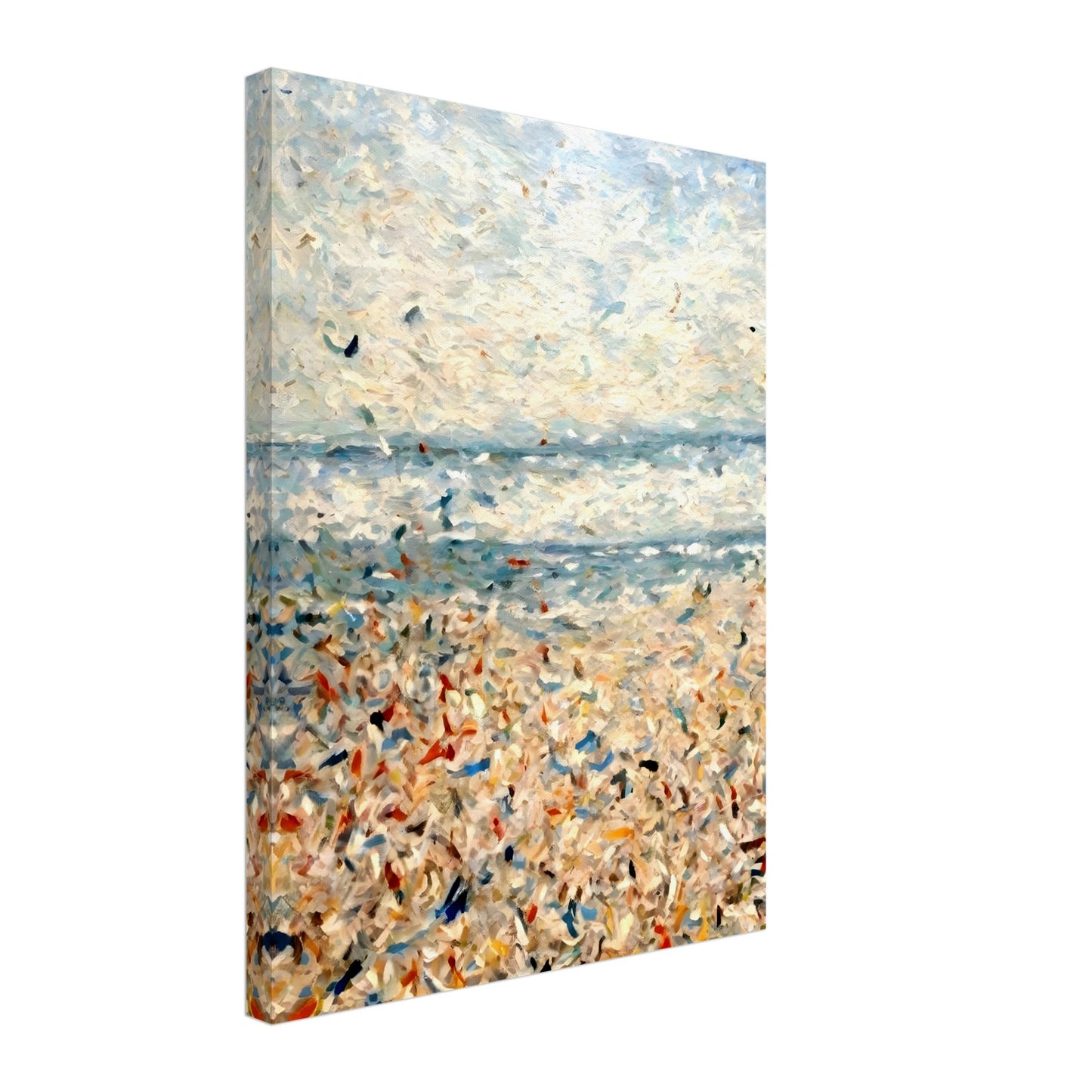 An impressionistic seascape with soft blues, whites, and sandy tones, depicting a sunlit beach with shimmering water and scattered colors.