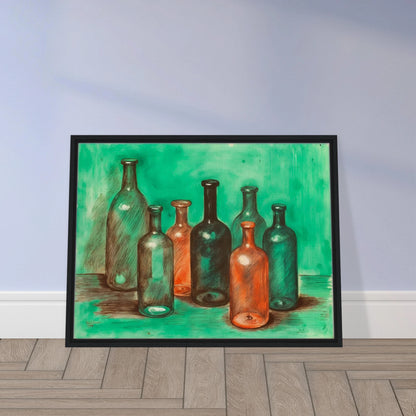 A collection of teal, amber, and smoky glass bottles stands together against a luminous green backdrop, blending stillness with vintage charm.