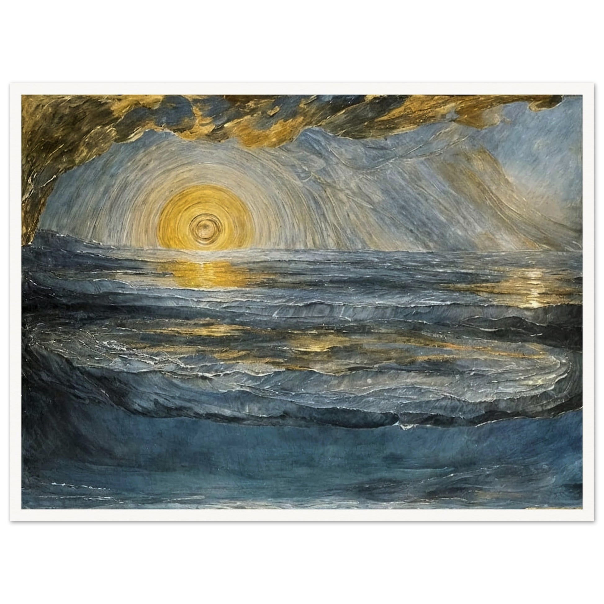 A stunning seascape painting with a radiant golden sun reflecting on the rippling waves, surrounded by dramatic clouds and cool blue tones.