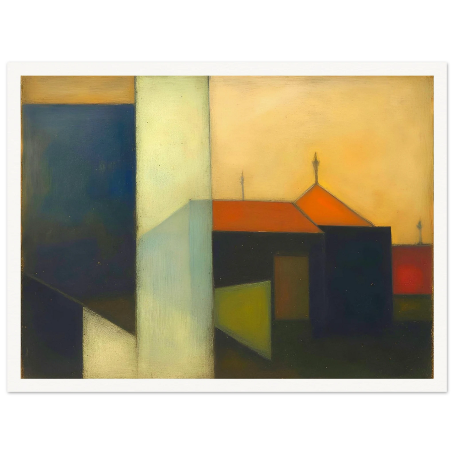 A minimalist expressionist townscape featuring geometric buildings in deep blue, cream, and black tones, accented by warm orange rooftops beneath a glowing golden sky.