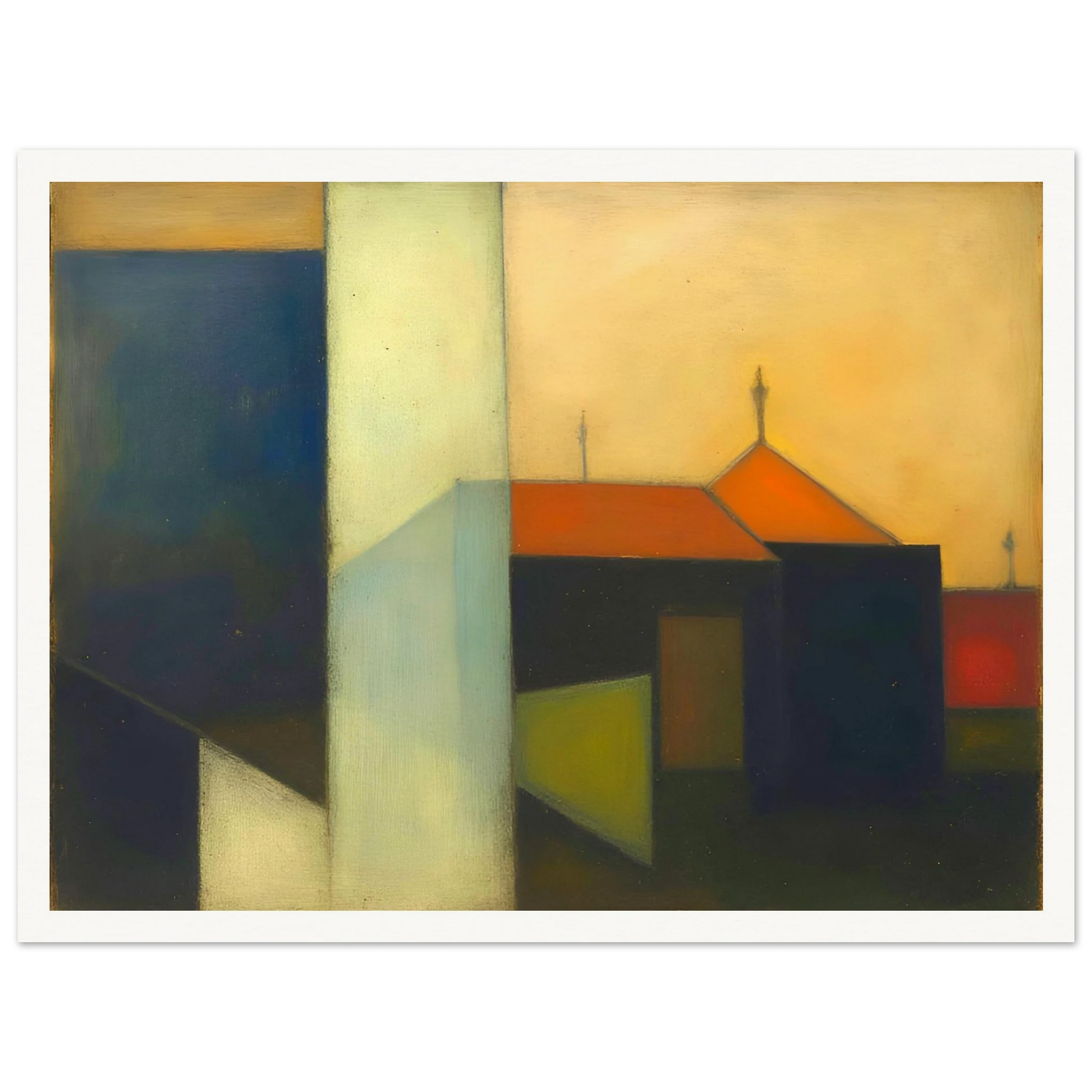 A minimalist expressionist townscape featuring geometric buildings in deep blue, cream, and black tones, accented by warm orange rooftops beneath a glowing golden sky.