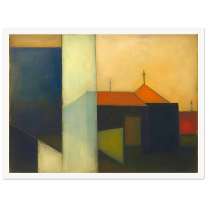 A minimalist expressionist townscape featuring geometric buildings in deep blue, cream, and black tones, accented by warm orange rooftops beneath a glowing golden sky.