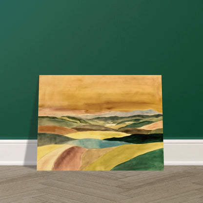 A serene landscape painting featuring layered rolling hills in shades of green, blue, cream, and brown beneath a vast golden sky. Soft contours and muted colors create a peaceful, atmospheric countryside scene stretching into the distance.