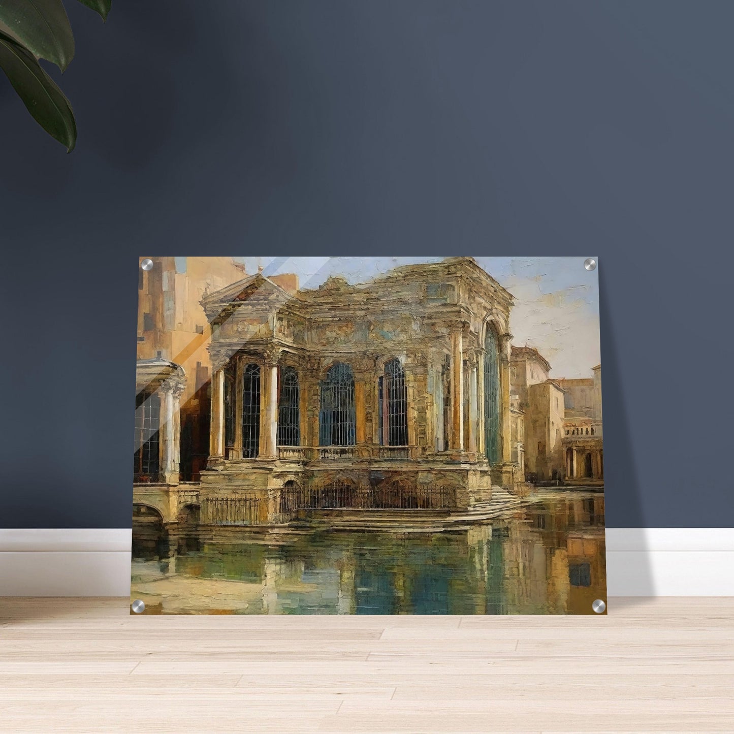 A grand, classical building with intricate columns and large windows, reflected in the calm waters of a historic European cityscape.