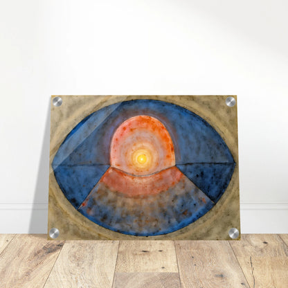 A symbolic abstract painting featuring concentric geometric forms resembling an eye or portal. Deep blue arcs surround a glowing golden center, creating a meditative composition of balance, light, and contemplation