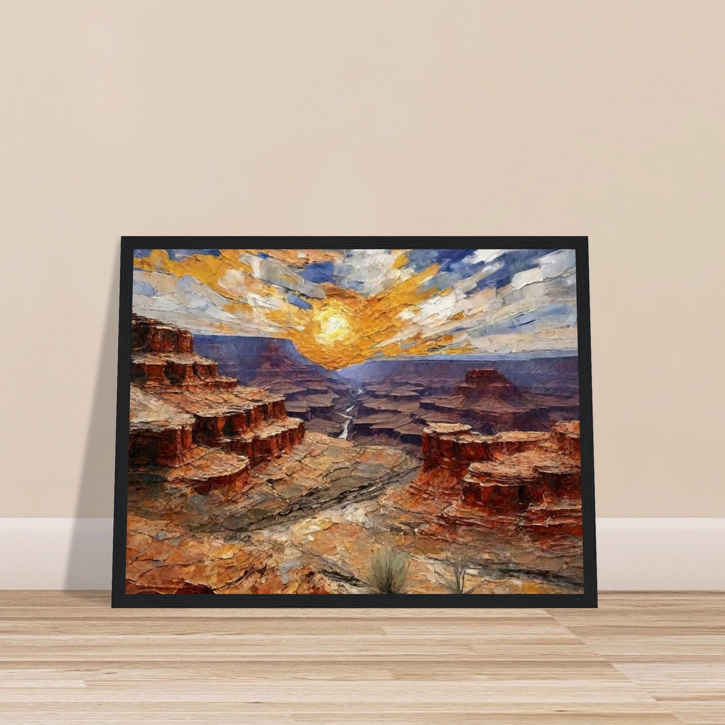 "A dramatic painting of a canyon at sunset, with layers of rocky red cliffs and a radiant golden sun casting light across the vast landscape."