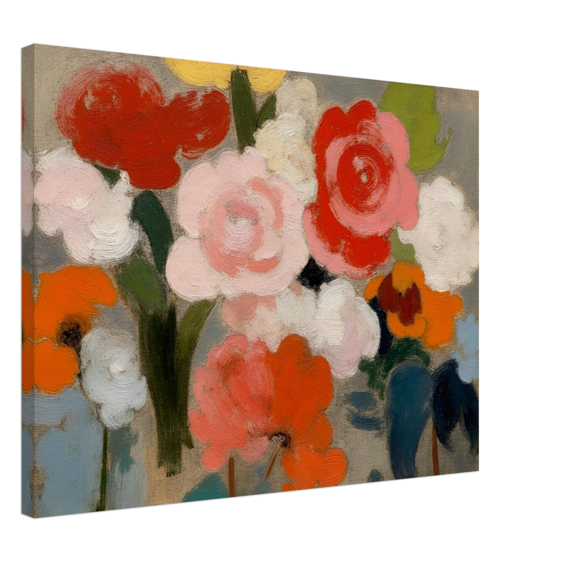 An expressive floral painting featuring large pink, red, white, and orange blossoms with soft green foliage against a muted gray background, rendered in broad painterly brushstrokes.