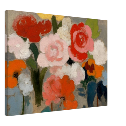 An expressive floral painting featuring large pink, red, white, and orange blossoms with soft green foliage against a muted gray background, rendered in broad painterly brushstrokes.