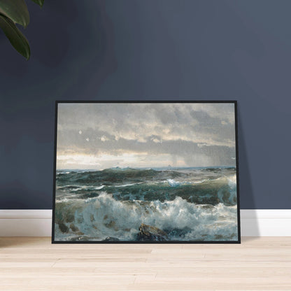 Stormy waves crash over dark rocks beneath heavy gray clouds in a dramatic seascape.