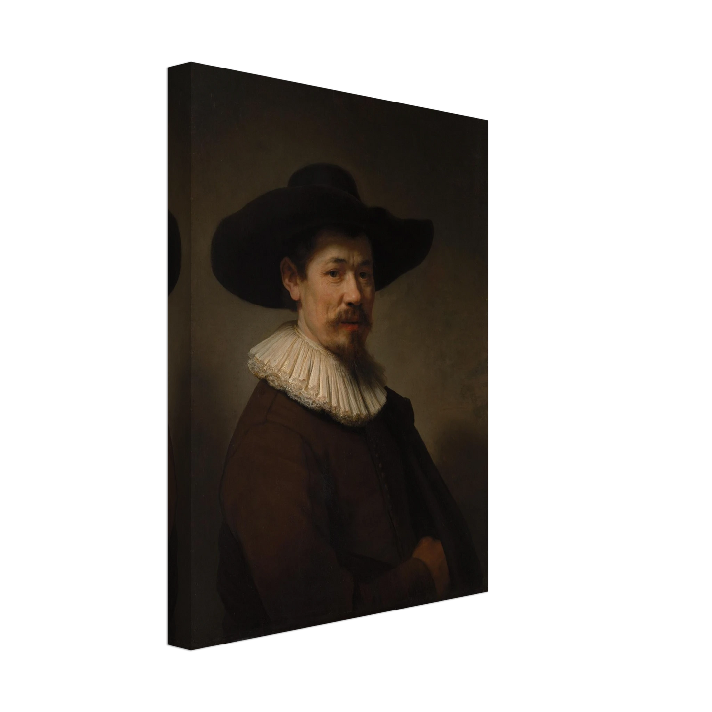 Portrait of Herman Doomer in a black hat, white ruff, and dark coat against a shadowed background