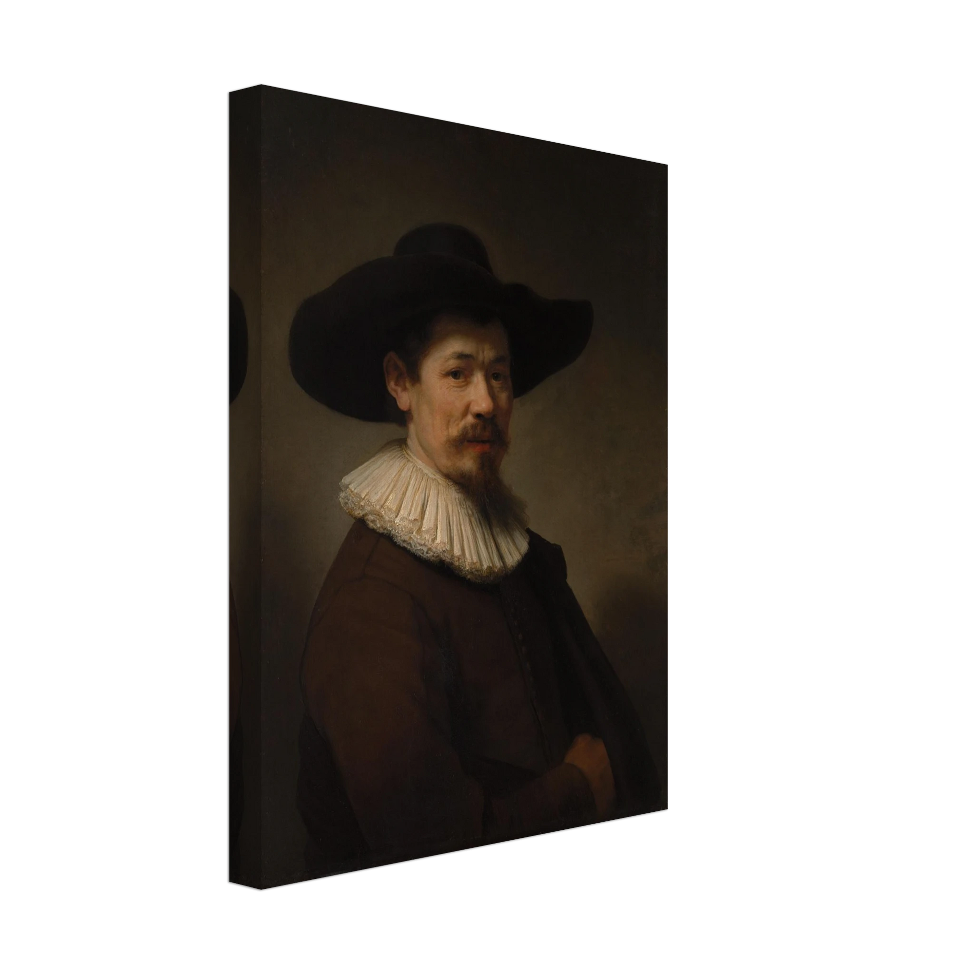 Portrait of Herman Doomer in a black hat, white ruff, and dark coat against a shadowed background
