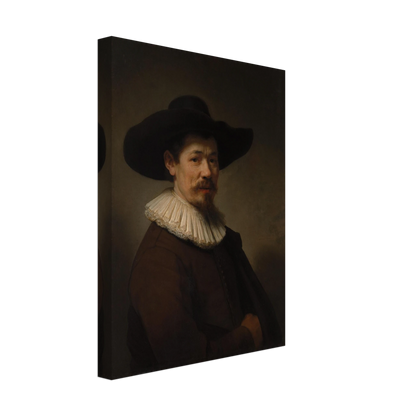 Portrait of Herman Doomer in a black hat, white ruff, and dark coat against a shadowed background