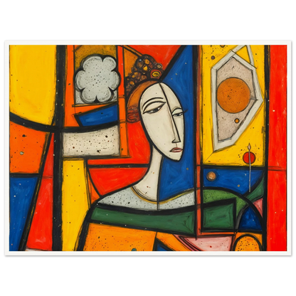 A bold cubist portrait of a woman framed by vivid red, yellow, blue, and green panels with striking geometric forms.