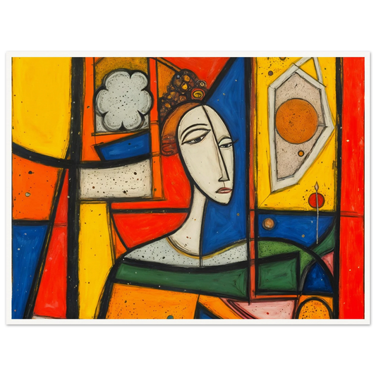 A bold cubist portrait of a woman framed by vivid red, yellow, blue, and green panels with striking geometric forms.