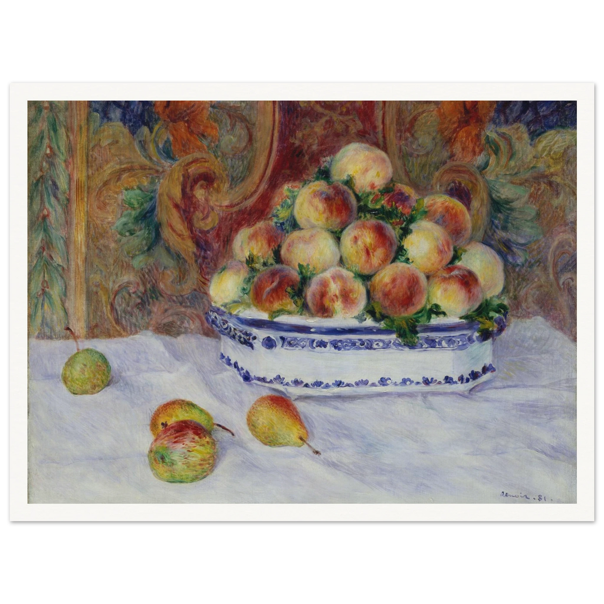 Peaches fill a blue and white bowl on a cloth-covered table with fruit in front