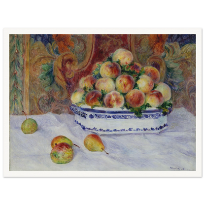 Peaches fill a blue and white bowl on a cloth-covered table with fruit in front