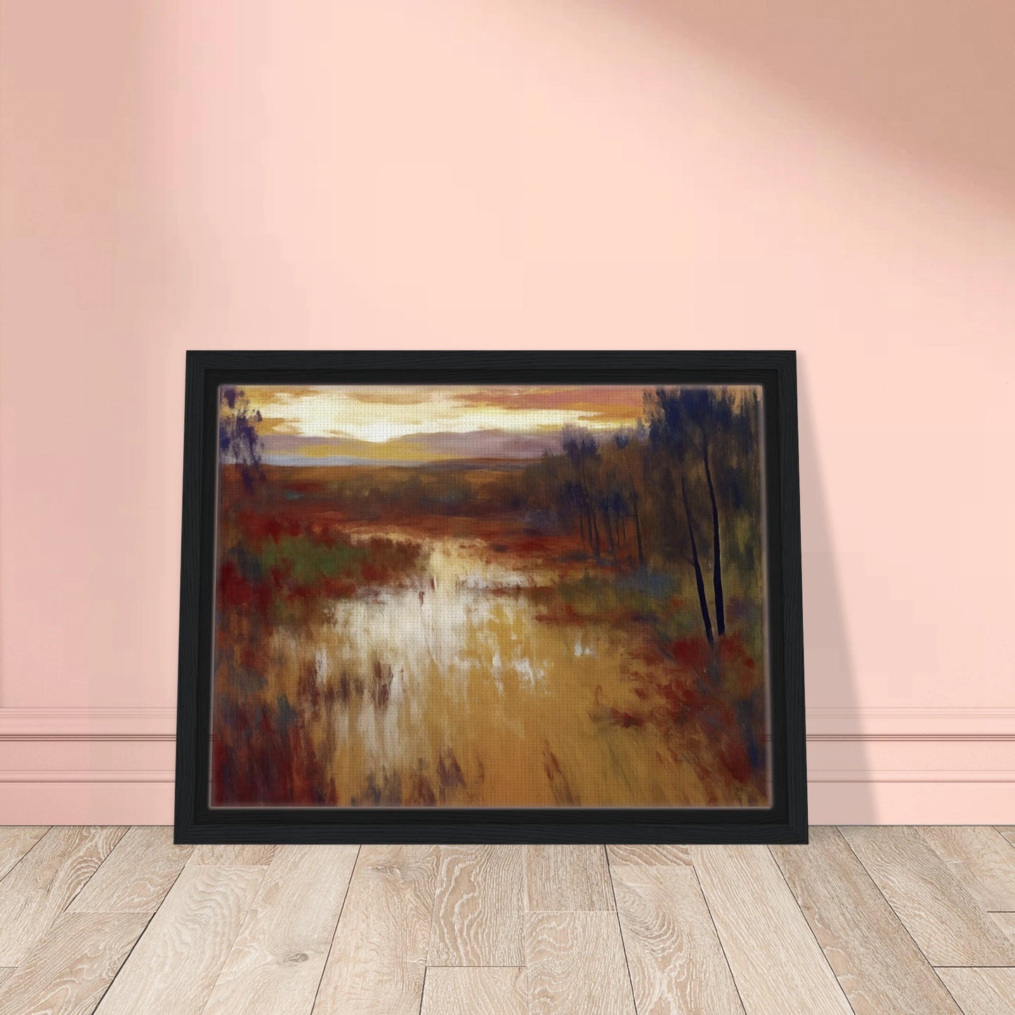An atmospheric landscape painting depicting a calm marsh or river at sunset, with golden reflections on the water, autumn-toned grasses, and a line of slender trees beneath a glowing evening sky.