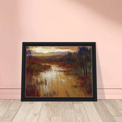 An atmospheric landscape painting depicting a calm marsh or river at sunset, with golden reflections on the water, autumn-toned grasses, and a line of slender trees beneath a glowing evening sky.