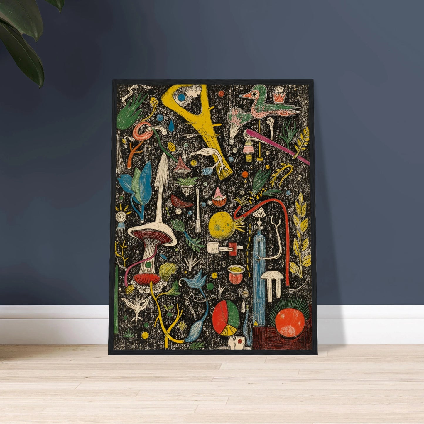 A dense and whimsical collage of surreal plants, tools, birds, and symbols scattered over a textured black background.