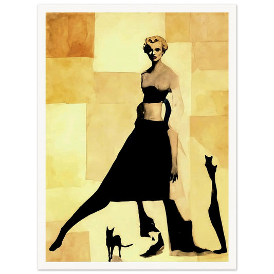 "An abstract, minimalist painting of a stylish woman in black silhouette, accompanied by shadowy figures of two cats against a beige background."