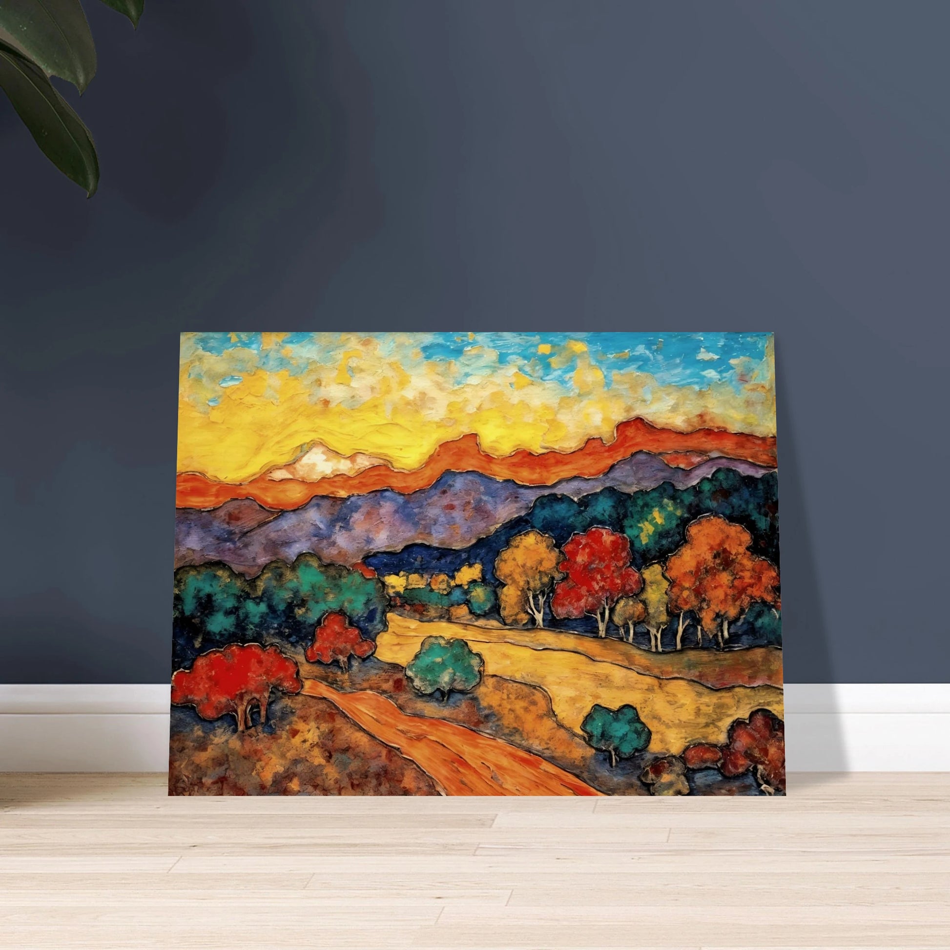 Vivid hills and colorful trees glow beneath a radiant sky, with winding paths crossing a countryside of warm hues.