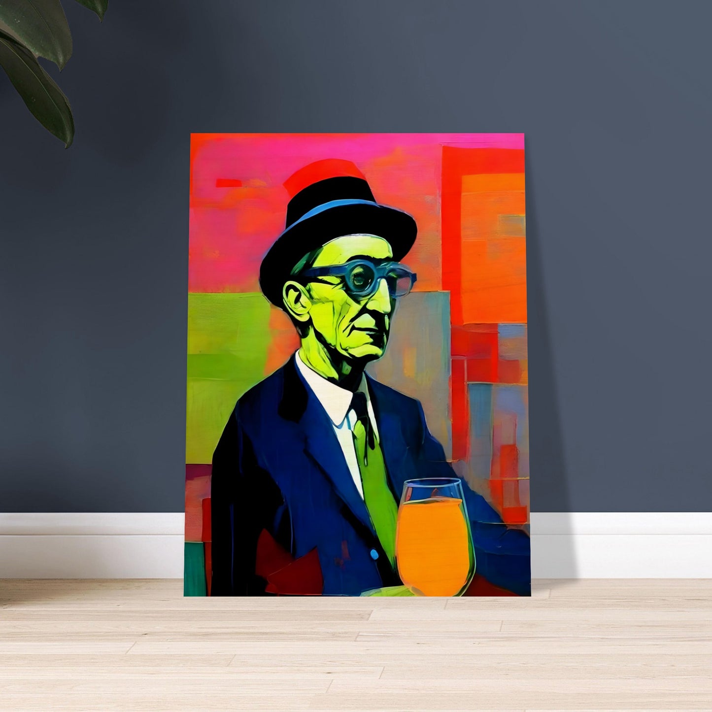 Bold and colorful painting of an older man in a hat and glasses, with green tones on his face, a suit, and a bright orange drink.