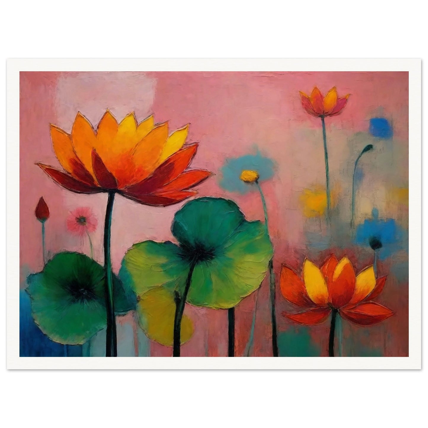 Colorful painting of blooming lotus flowers with vivid orange, red, and green hues against a soft pink and blue background.