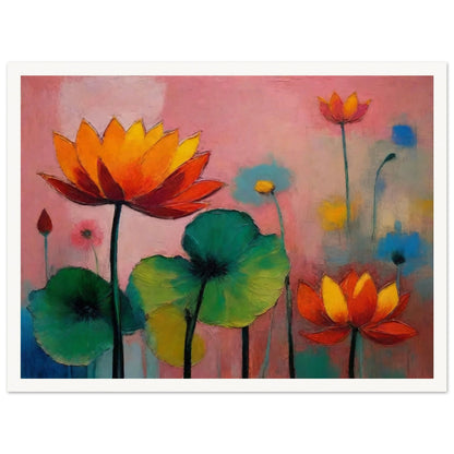 Colorful painting of blooming lotus flowers with vivid orange, red, and green hues against a soft pink and blue background.
