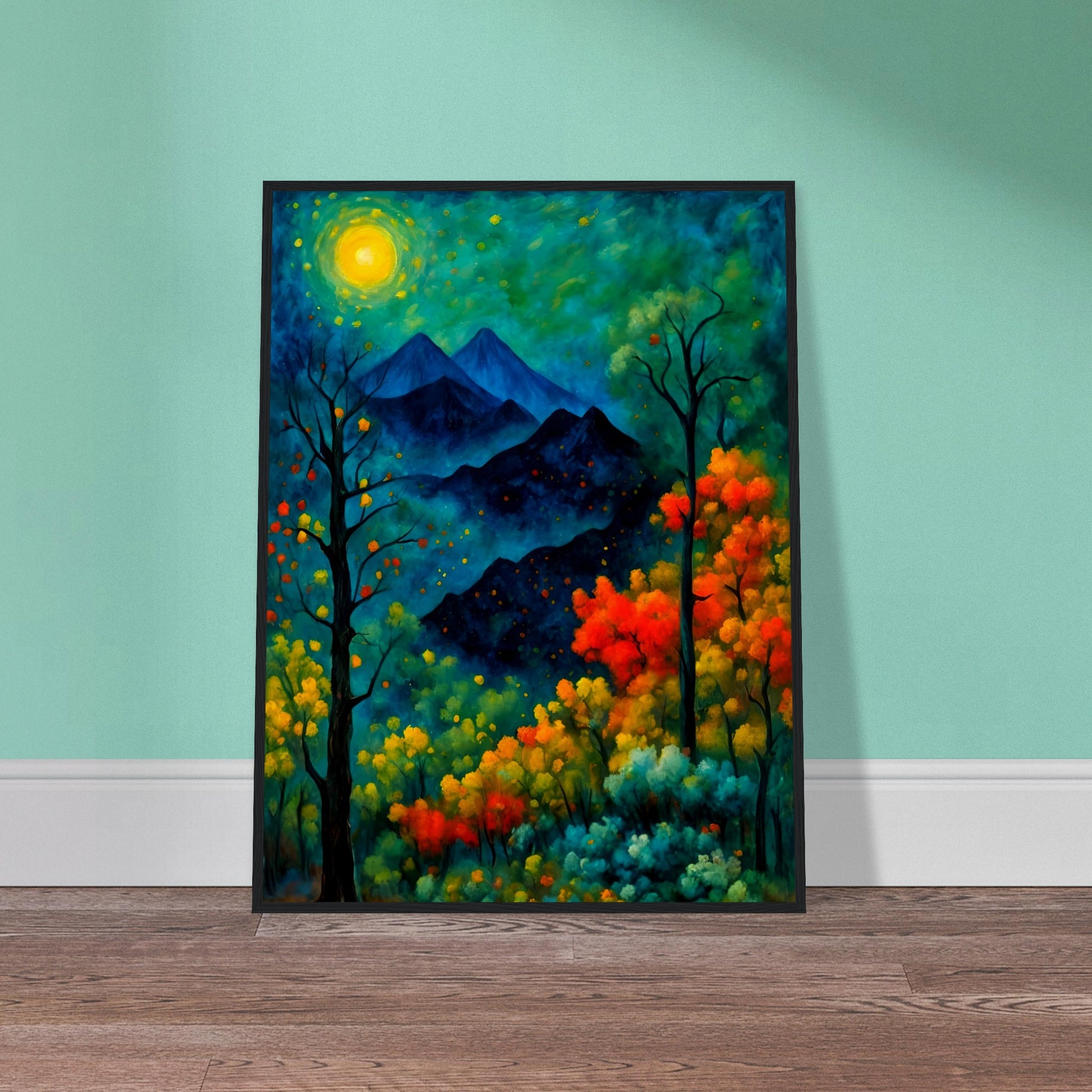 A vibrant, mystical forest with glowing autumn trees, a bright golden moon, and distant mountains under a deep blue-green night sky.