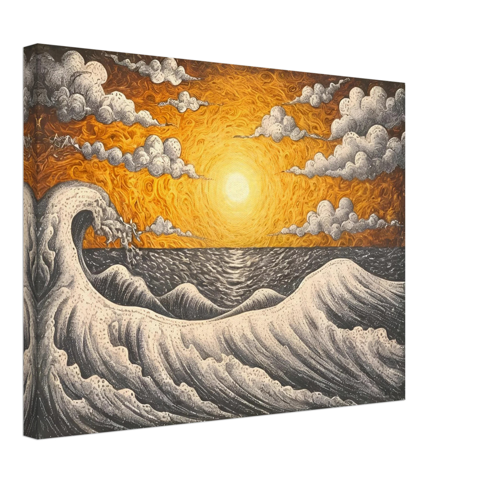 Fiery orange sunset over turbulent black-and-white waves with swirling clouds in a textured seascape.