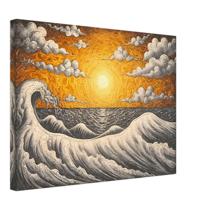 Fiery orange sunset over turbulent black-and-white waves with swirling clouds in a textured seascape.