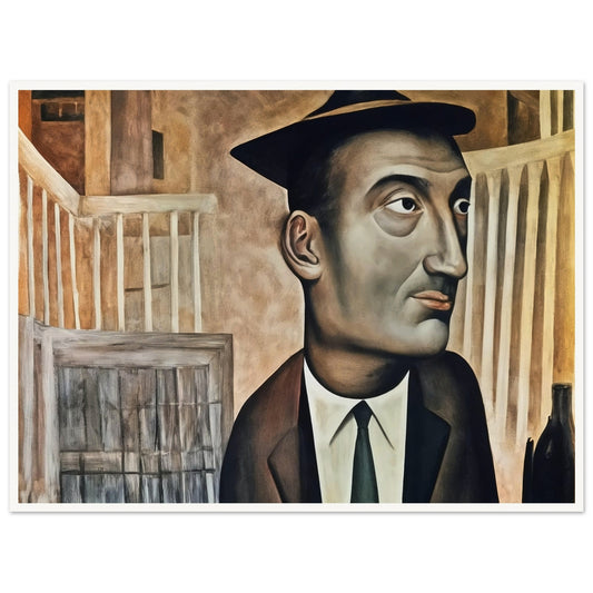 Expressionist painting of a man with a hat and suit, featuring large, introspective eyes and an abstract background.