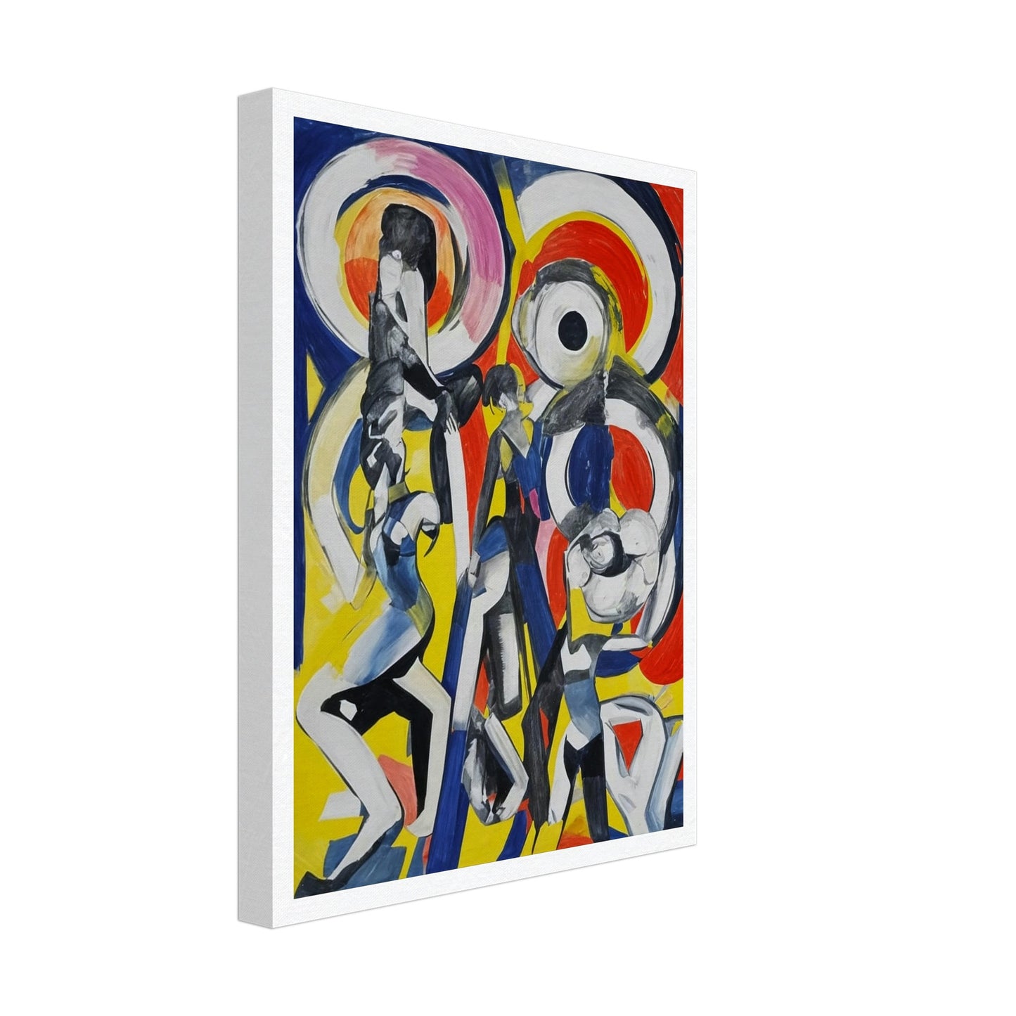 Abstract painting featuring dynamic, elongated figures in motion with bold, swirling shapes in red, blue, yellow, and black.