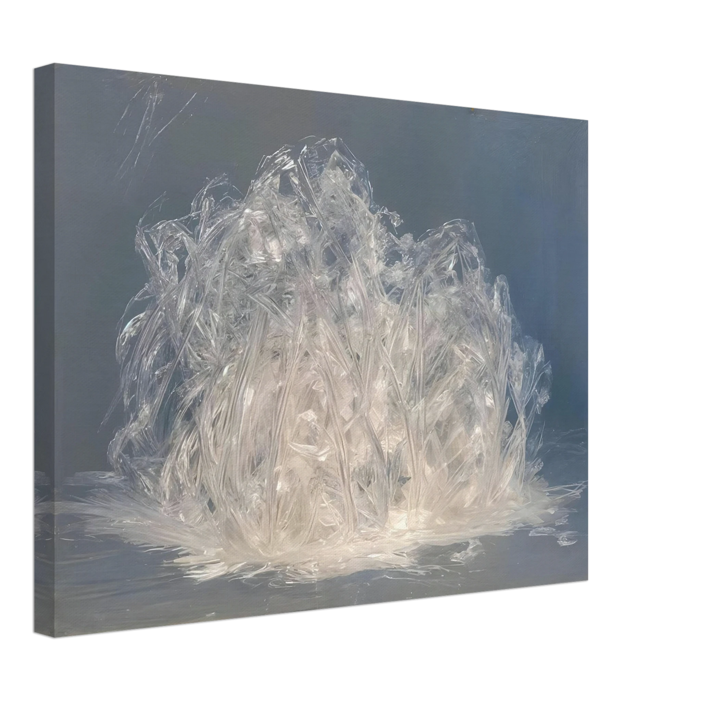 Luminous crystalline strands gather like frozen grass or glass fibers, glowing softly against a cool misty blue-gray expanse.