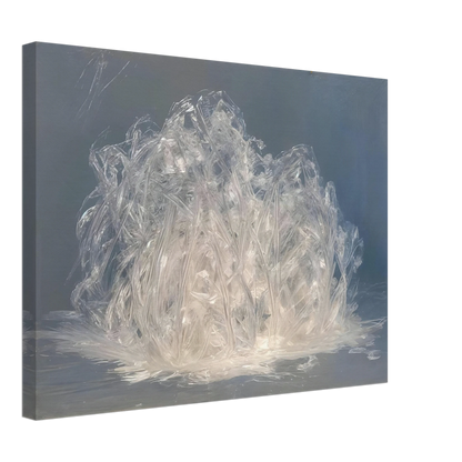 Luminous crystalline strands gather like frozen grass or glass fibers, glowing softly against a cool misty blue-gray expanse.