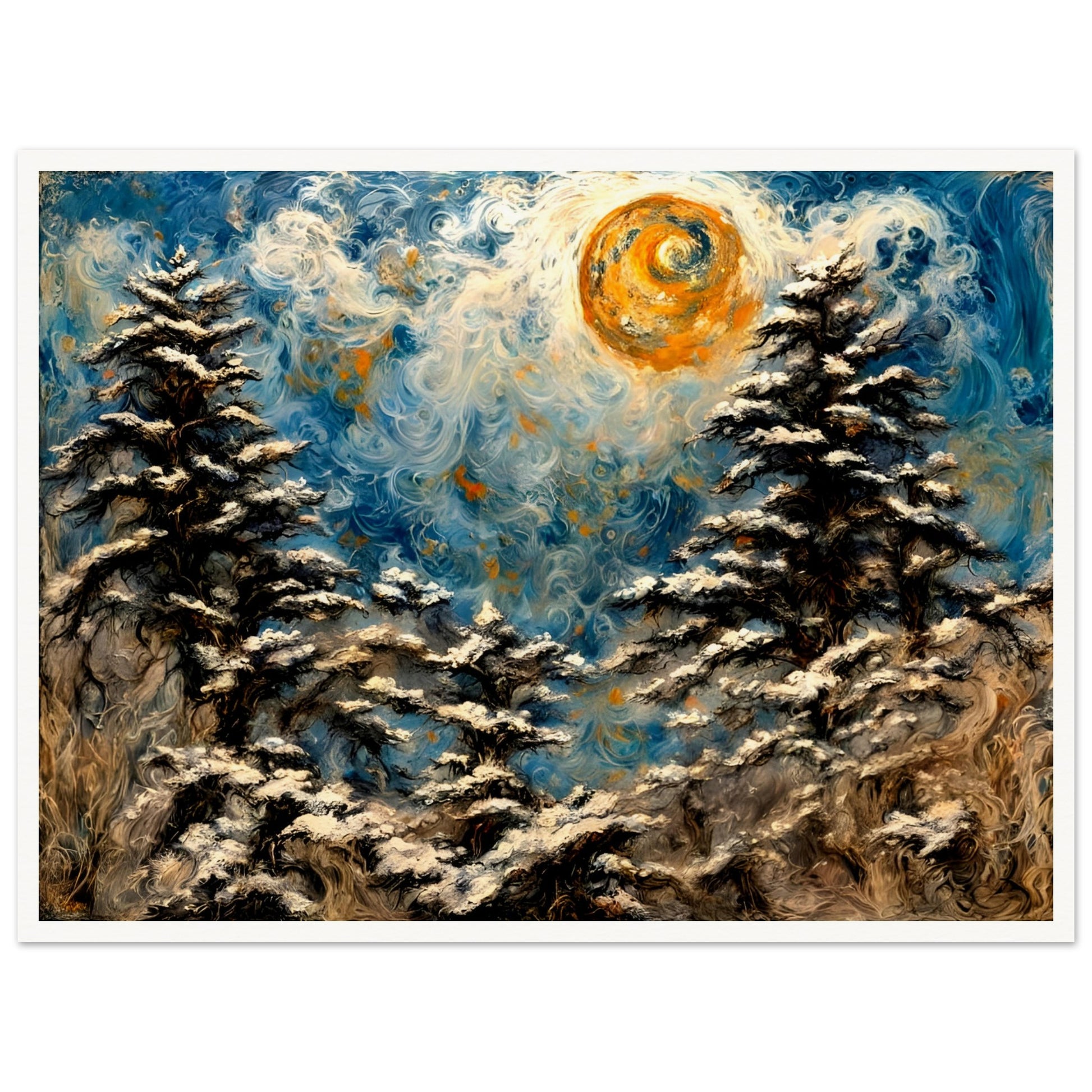 A mesmerizing winter landscape painting with swirling snow-covered trees, a glowing golden sun, and a vibrant blue sky with intricate textures.