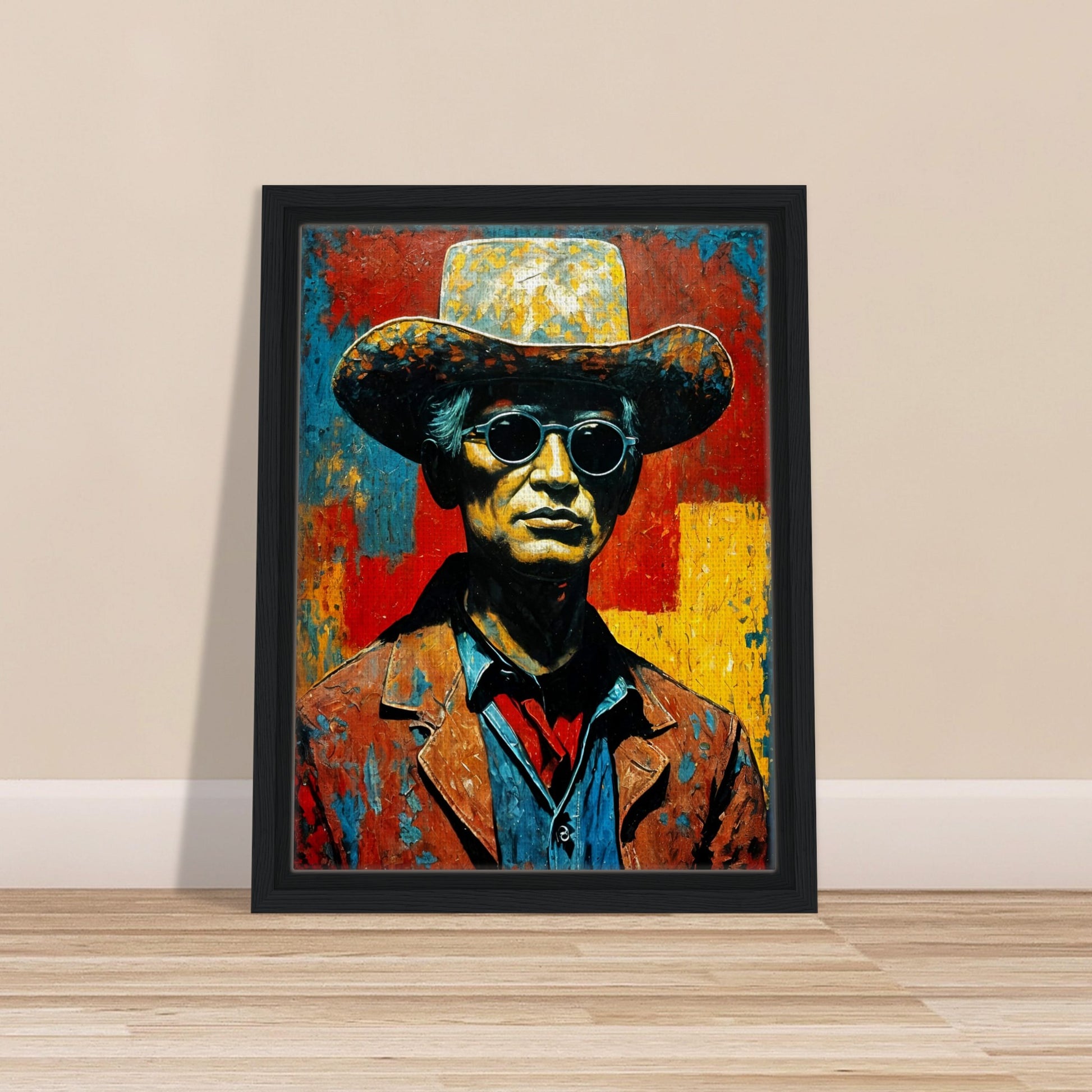 A bold, textured portrait of a cowboy in a weathered hat and sunglasses, set against a vibrant red, yellow, and blue background.