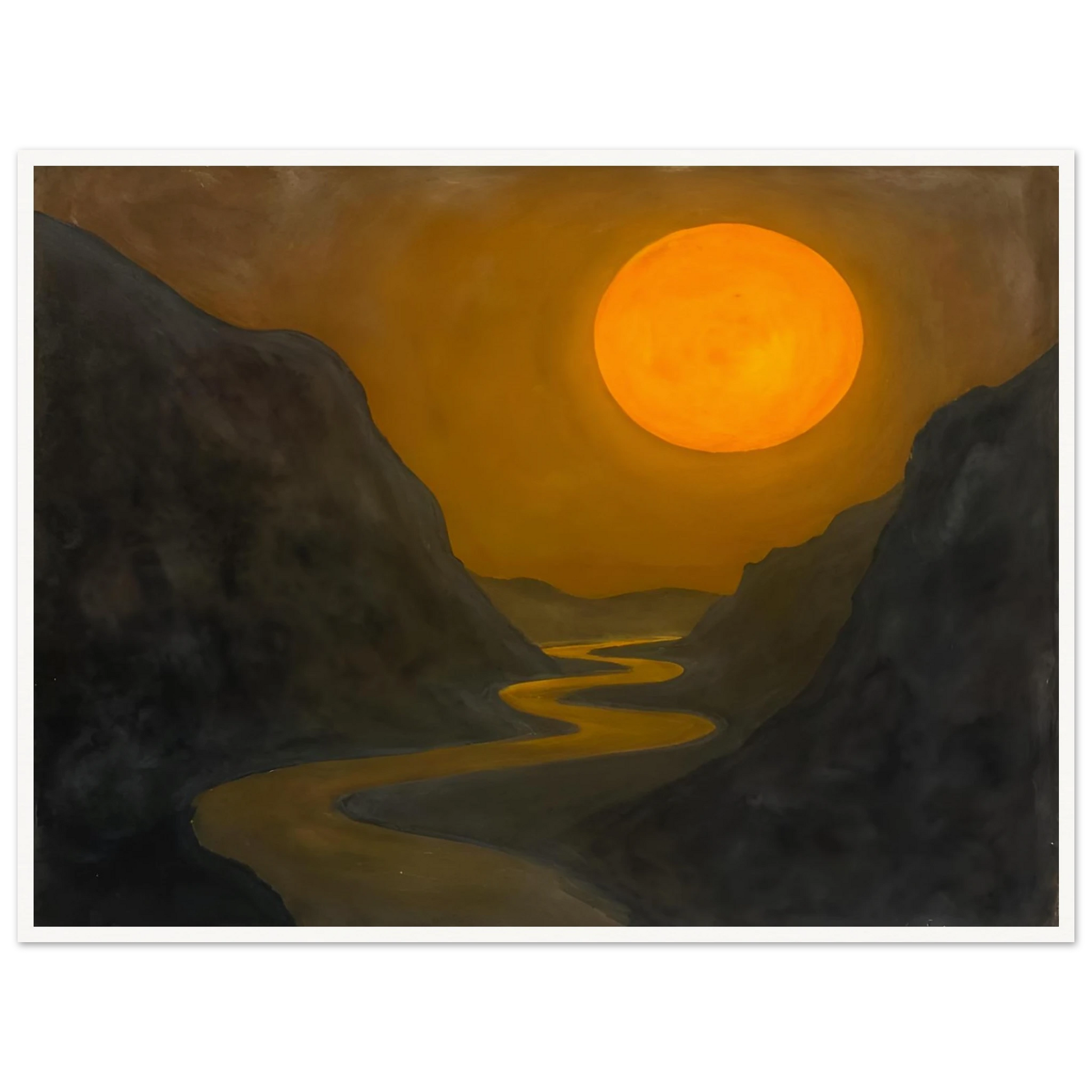 A glowing sun hovers over a winding river cutting through dark mountain valleys in a golden, dusky scene.