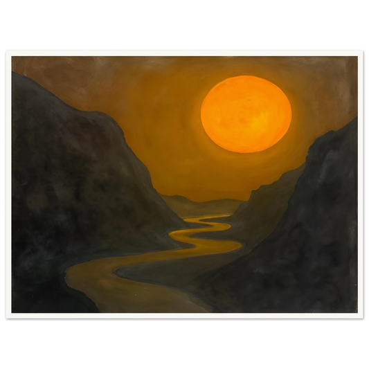 A glowing sun hovers over a winding river cutting through dark mountain valleys in a golden, dusky scene.