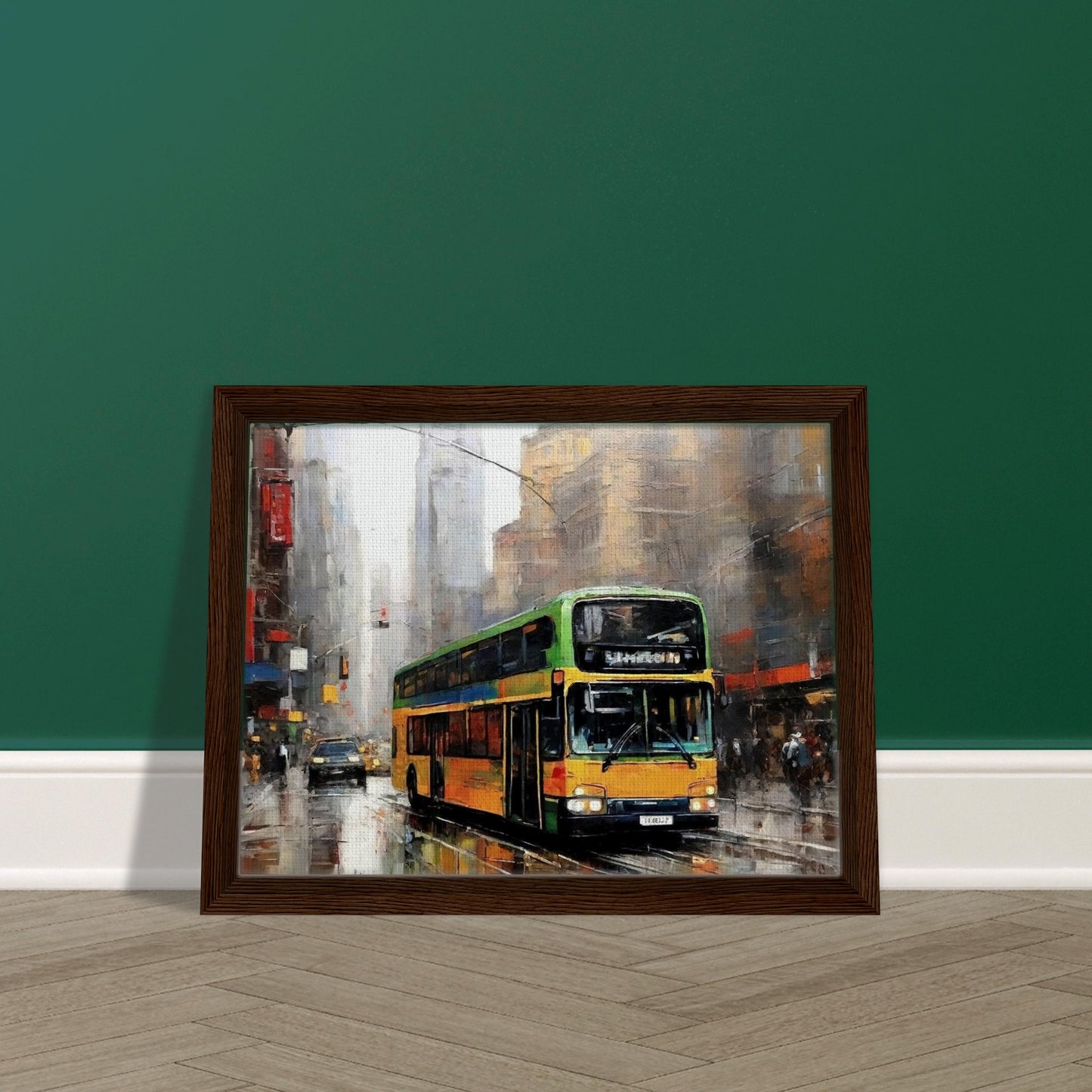 "A vibrant painting of a double-decker bus driving through a busy, rain-soaked city street, with tall buildings and reflections creating an atmospheric urban scene."