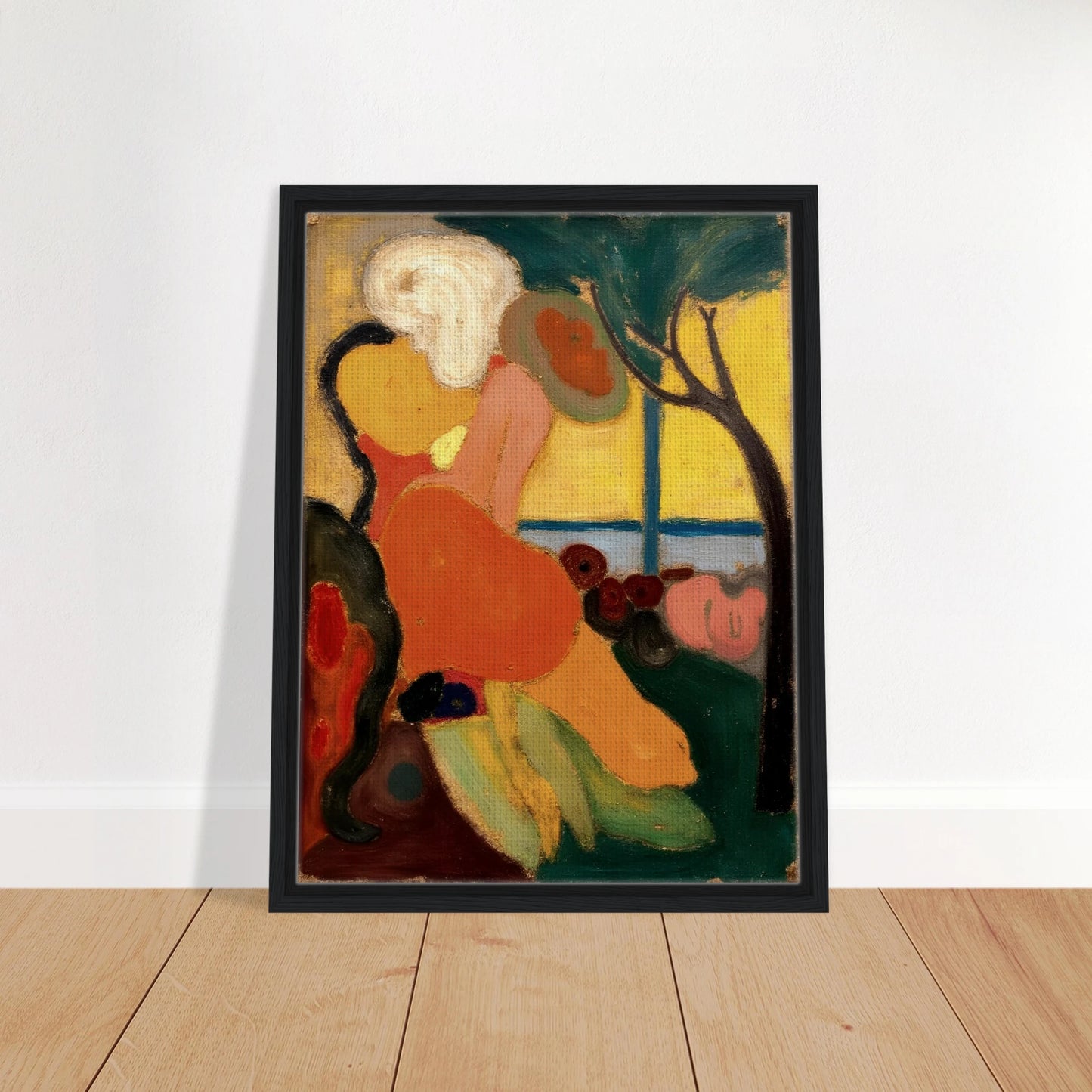An expressive painting of two figures near the sea, surrounded by warm oranges, yellows, and greens under a gentle tree.
