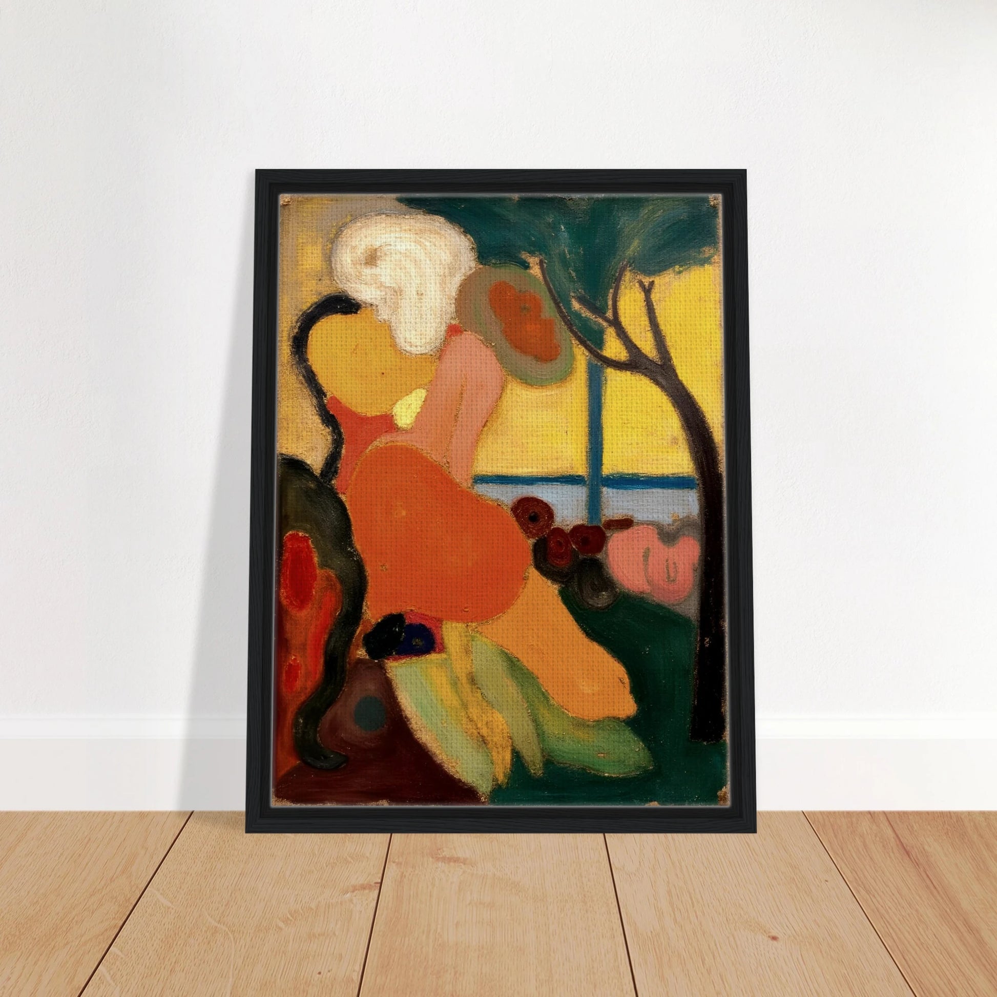 An expressive painting of two figures near the sea, surrounded by warm oranges, yellows, and greens under a gentle tree.