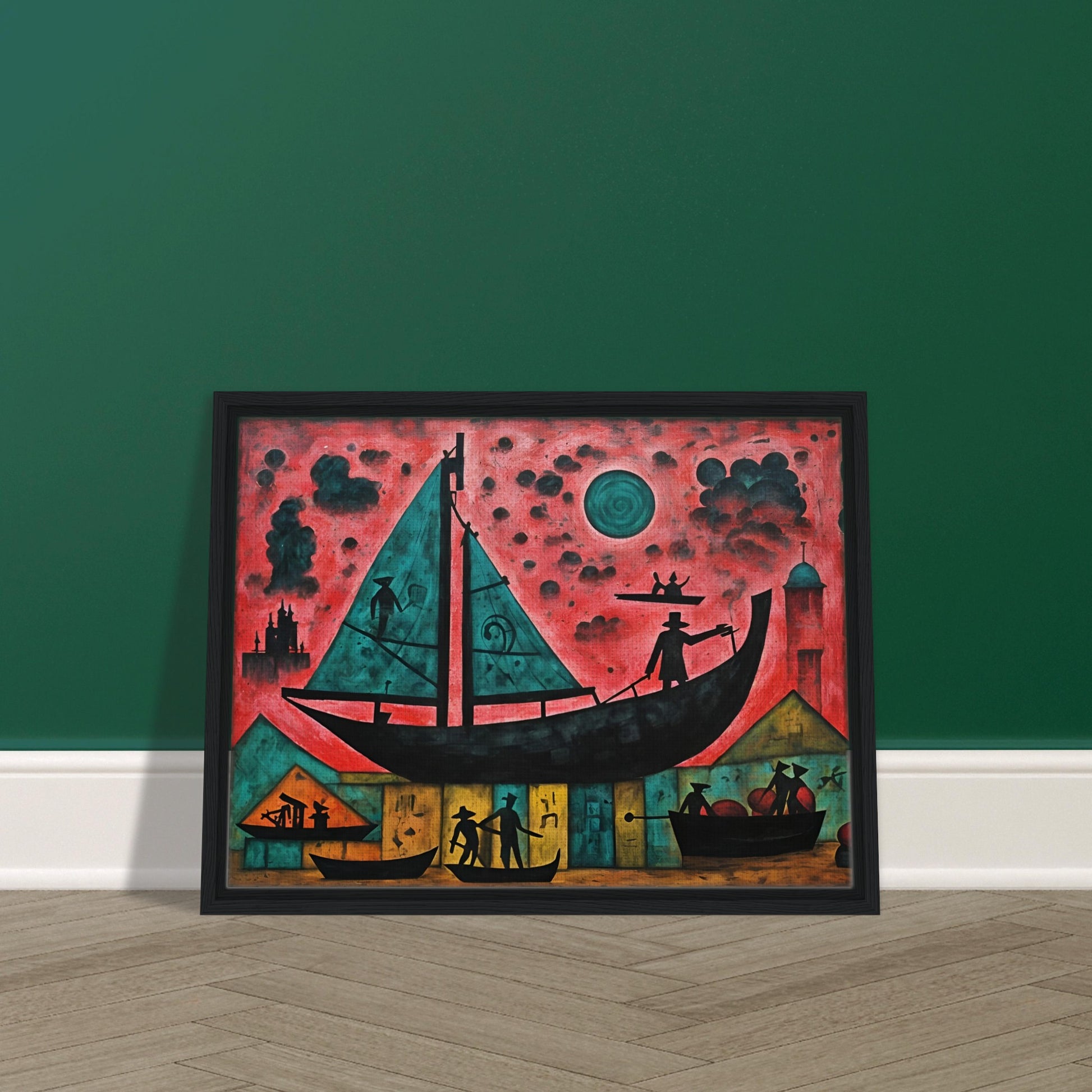 A surreal painting of silhouetted figures on boats against a red sky, featuring dark teal sails, mysterious buildings, and a glowing moon.