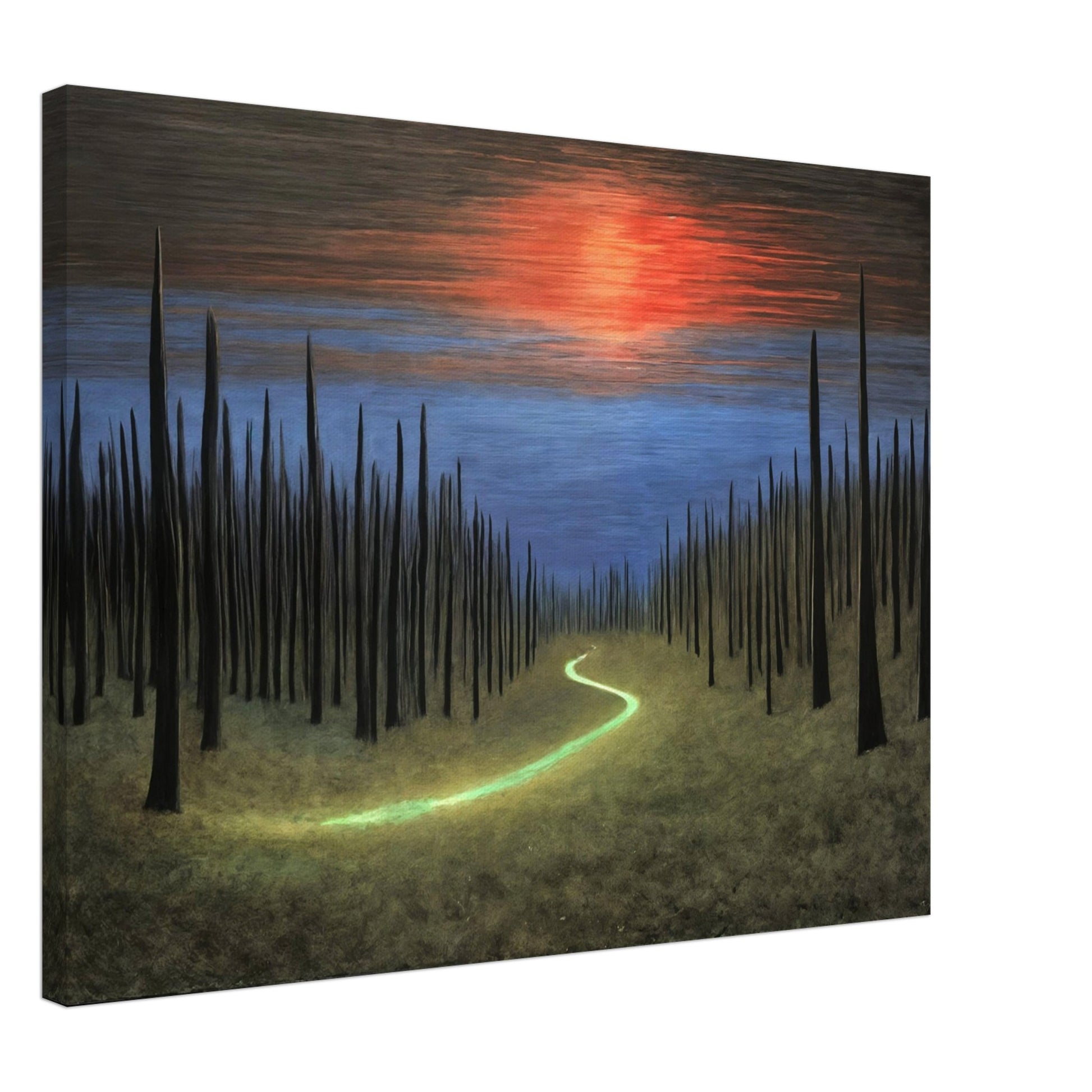 A surreal painting of a glowing green path cutting through a field of tall, dark spires under a vibrant sunset sky.