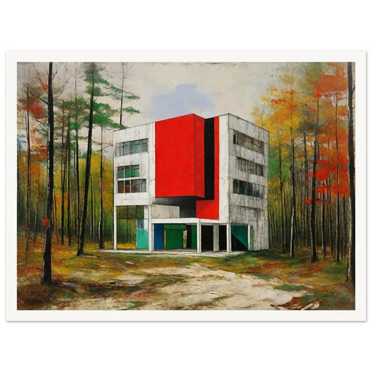 A modern, geometric building with a bold red facade stands amidst a serene forest of tall trees in autumn.