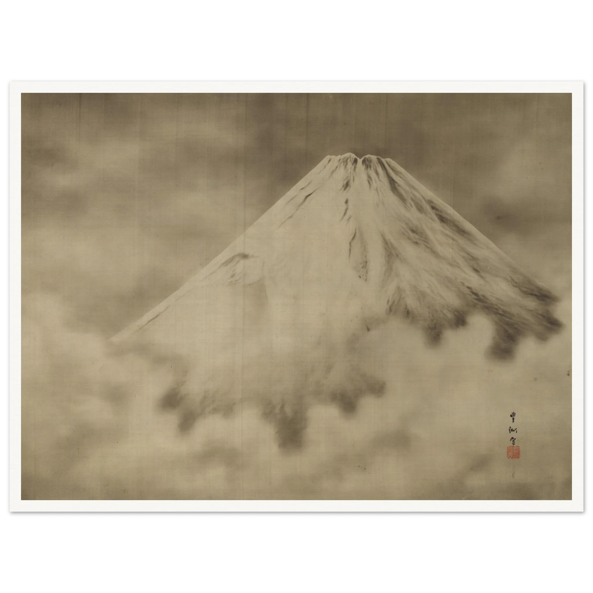 Snow-covered Mount Fuji rises through misty clouds in a soft monochrome Japanese landscape.