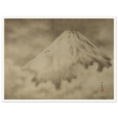 Snow-covered Mount Fuji rises through misty clouds in a soft monochrome Japanese landscape.