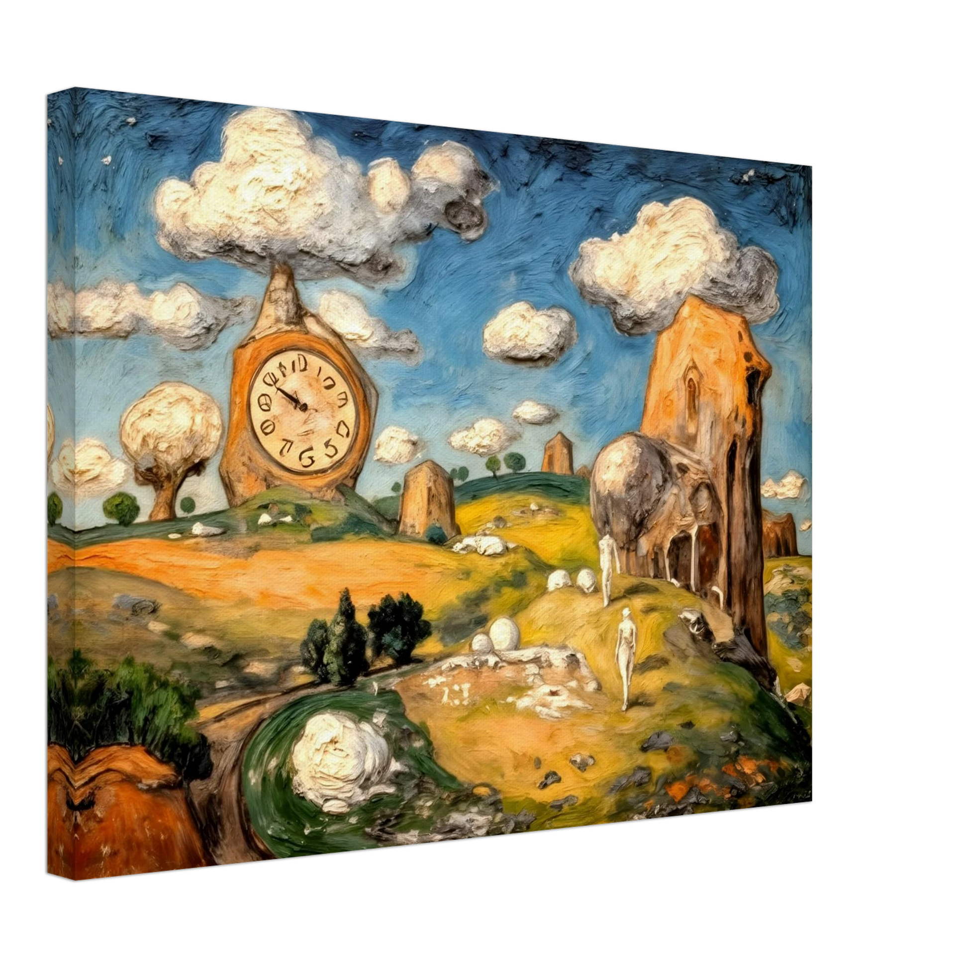 A surreal fantasy landscape featuring a distorted clock tower, cloud-capped buildings, rolling hills, and wandering figures beneath a bright blue sky filled with floating clouds.