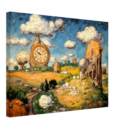 A surreal fantasy landscape featuring a distorted clock tower, cloud-capped buildings, rolling hills, and wandering figures beneath a bright blue sky filled with floating clouds.